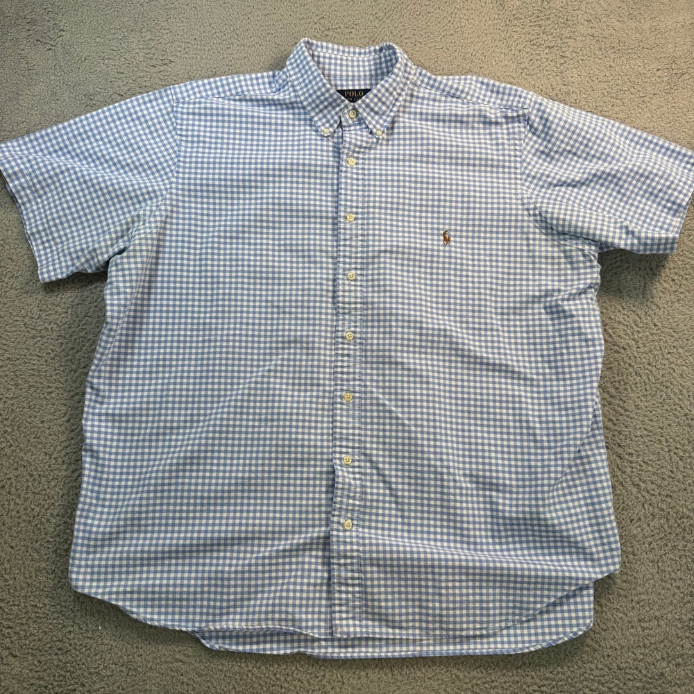 Polo Ralph Lauren Shirt Mens 2XB Blue White Gingham Check Short Sleeve Button Up